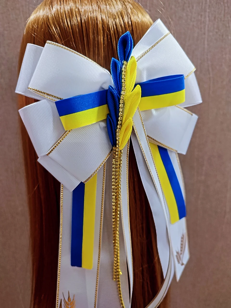 Нарядний бант в школу на перше вересня заколка резинка заколка автомат брошка Шкільний бантик з колосками, фото 1