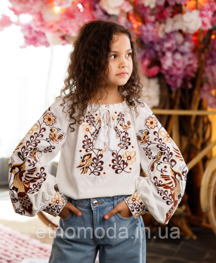 Вишиванка для дівчинки (льон) Зозулька коричнева зріст 104-152