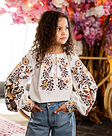 Вишиванка для дівчинки (льон) Зозулька коричнева зріст 104-152