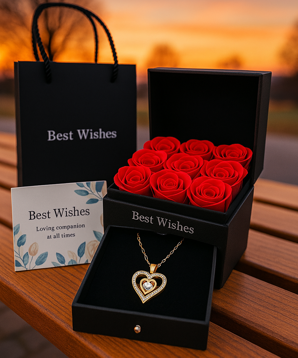 Набір мильних троянд Best Wishes 9 шт. у подарунковій коробці з кулоном чорної, фото 1
