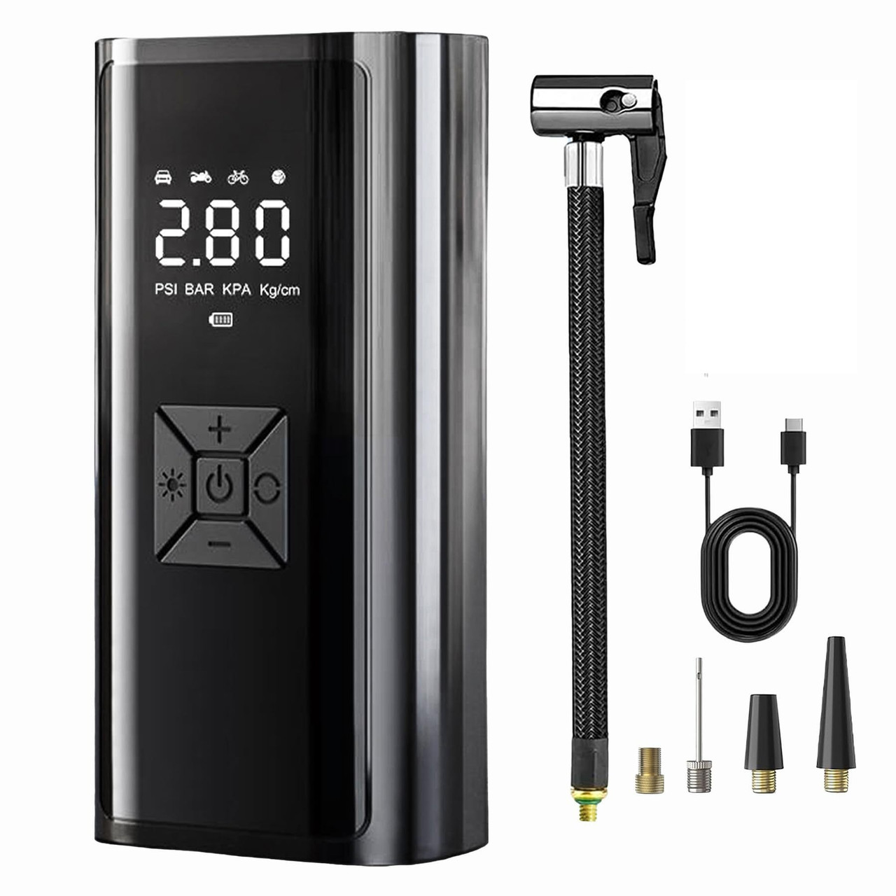 Компресор портативний з LED-дисплеєм, Power Bank і ліхтариком 6000 мА·год для шин, фото 1