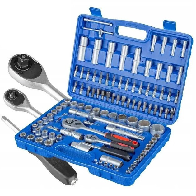 Набір інструментів ZHONGXIN 108 предметів із торцевими головками тріскачками та ключами синій кейс, фото 1