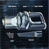 Бездротовий автомобільний пилосос LY-816 з HEPA фільтром і насадками, заряджання Type-C, фото 9