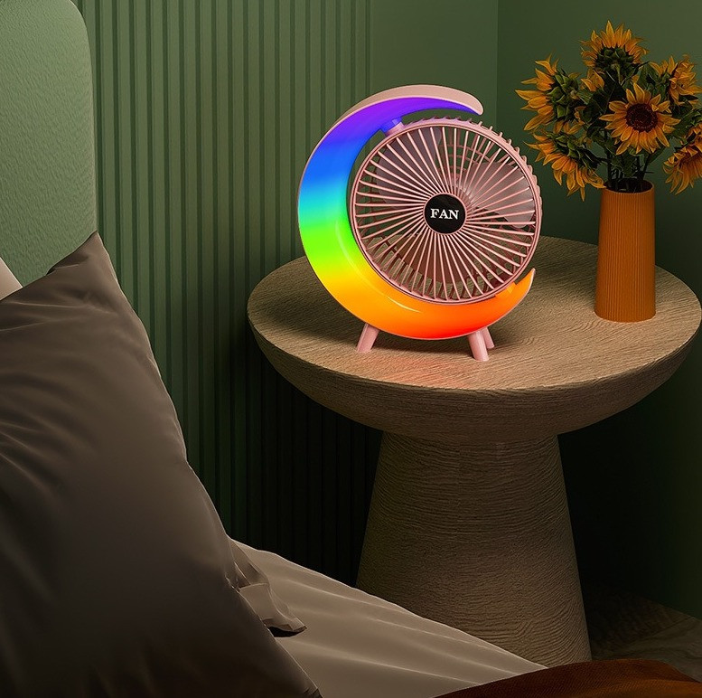 Настільний вентилятор RGB-підсвітка 3 швидкості поворот 180° USB заряджання, фото 1