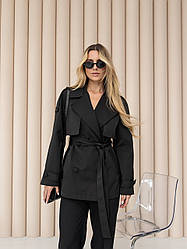 Короткий чорний жіночий тренч, плащ
