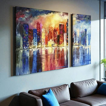 Модульна картина на полотні Абстракція Акварельний Місто 100х60 з 2-х частин