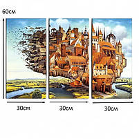 Картина модульна друк на полотні Абстракція Будинок Краєвид Живопис Сюрреалізм 90х60 з 3-х частин, фото 4