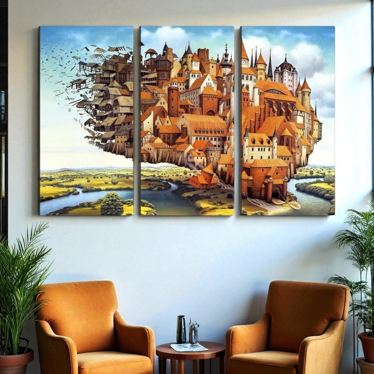 Картина модульна друк на полотні Абстракція Будинок Краєвид Живопис Сюрреалізм 90х60 з 3-х частин, фото 1