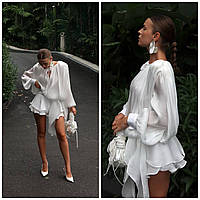 Вечернее молочно-белое короткое платье шелковое с шортиками