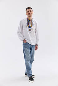 Чоловіча біла шинно вишиванка сорочка із синьо-жовтою вишивкою