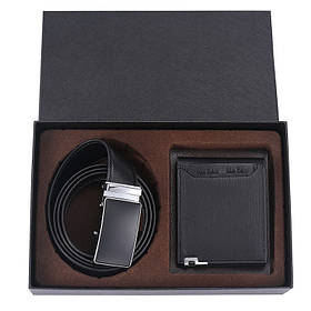 Набір — чоловічий шкіряний ремінь-автомат і гаманець. Чоловічий подарунковий набір у коробці Чорний