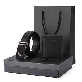 Набір — чоловічий шкіряний ремінь-автомат і гаманець. Чоловічий подарунковий набір у коробці Чорний