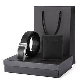 Набір — чоловічий шкіряний ремінь-автомат і гаманець. Чоловічий подарунковий набір у коробці Чорний