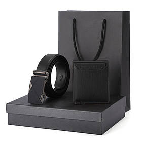 Набір — чоловічий шкіряний ремінь-автомат і гаманець. Чоловічий подарунковий набір у коробці Чорний