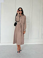 Женское вельветовое платье миди с длинными рукавами и пояском