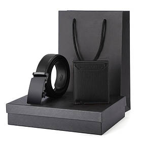 Набір — чоловічий шкіряний ремінь-автомат і гаманець. Чоловічий подарунковий набір у коробці Чорний