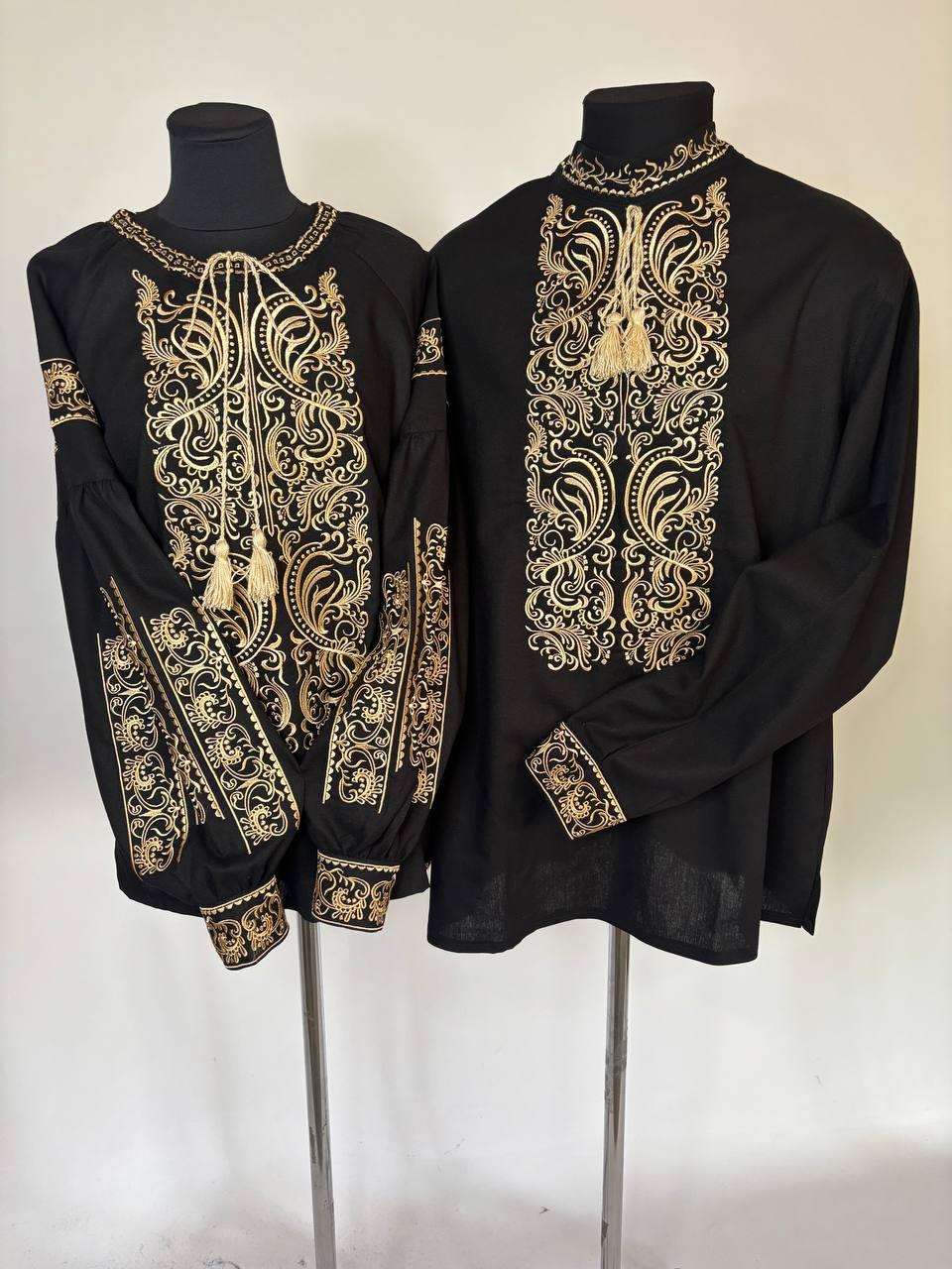 Вишиванки "Святослав+Святослава" з чорньго льону та вишивкою золотом