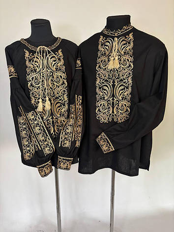 Вишиванки "Святослав+Святослава" з чорньго льону та вишивкою золотом, фото 1