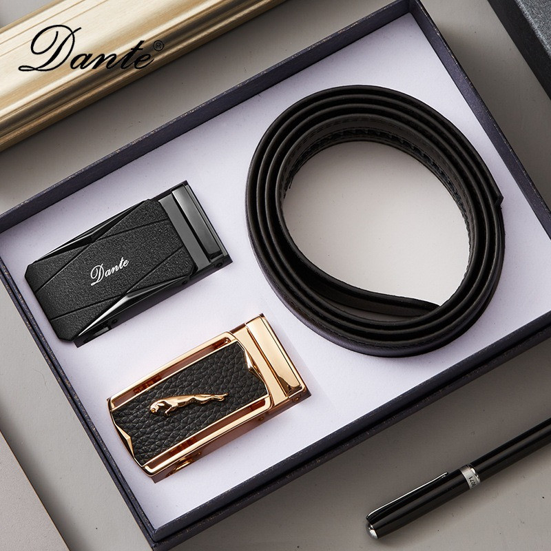 Чоловічий шкіряний ремінь автомат із двома пряжками. Чоловічий подарунковий набір у коробці (чорний), фото 1