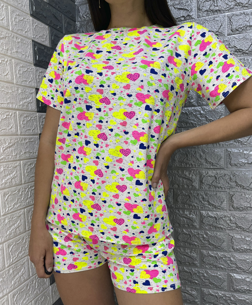 Жіноча літня піжама з принтом сердечок, фото 1