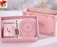 Чашка керамічна на підставці з підігрівом і ложечкою в комплекті в подарунковому пакованні пакеті