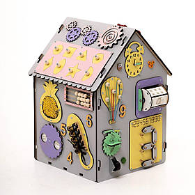 Ігровий бізібудинок розвиваючий для дітей Сірий дерев'яний 45х30х30 см