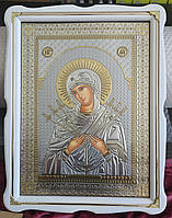 Икона Семистрельная под серебро в белом деревянном фигурном киоте под стеклом, размер 54*40, сюжет 33*46.