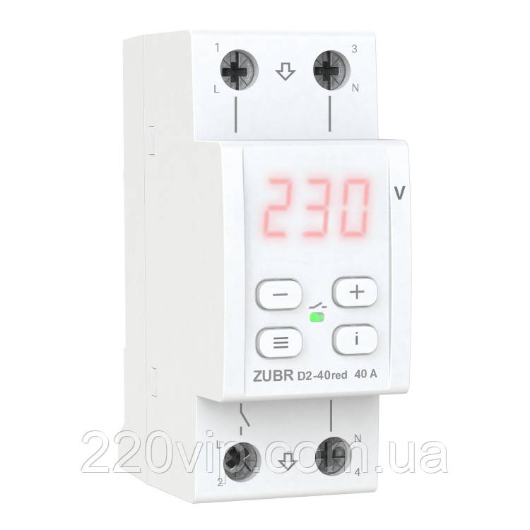 Реле напруги ZUBR D2-40 RED на 2 модулі 4 клемми, реле контролю та захисту від перенапруги ЗУБР, відсікач, фото 1