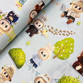 Турецька бавовняна тканина ранфорс digital "Лабубу на блакитному" 240 см