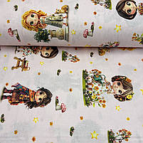 Турецька бавовняна тканина ранфорс digital "Дівчатка в різних вбраннях на блідно-рожевому" 240 см, фото 3