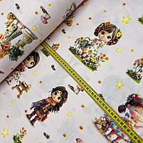 Турецька бавовняна тканина ранфорс digital "Дівчатка в різних вбраннях на блідно-рожевому" 240 см, фото 2