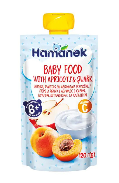 Пюре фруктове Hamanek Яблуко,абрикос з сиром та вітаміном С від 6 місяців, пауч 120г. (Хаме), фото 1