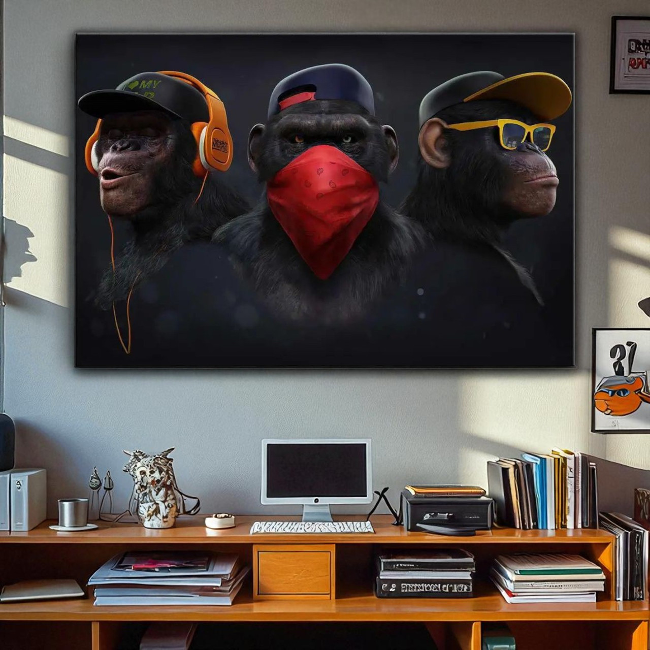 Картина три мавпи ганкстери в навушниках та бандані Стиль графіті 60х40см, фото 1