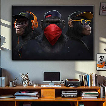 Картина три мавпи ганкстери в навушниках та бандані Стиль графіті 60х40см