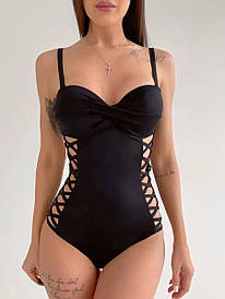 Купальник жіночий суцільний з знімними бретелями на зав'язках та декором шнурівкою з боків чорний розмір S