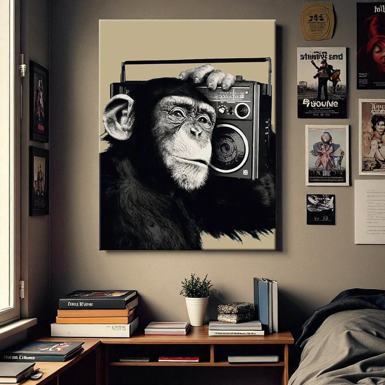 Сучасна картина Шимпанзе із плеєром Урбаністичний стиль 60х40см, фото 1