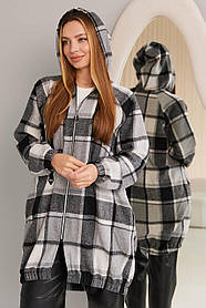 Бомбер жіночий подовжений Ноя з капюшоном в клітину, кардиган вільного крою великих розмірів сірий