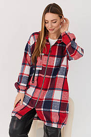 Бомбер жіночий подовжений Ноя з капюшоном в клітину, кардиган вільного крою великих розмірів червоний