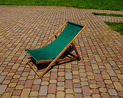 Розкладне дерев’яне крісло шезлонг з тканиною, для дачі, пляжу чи кафе. Зелений, колір каркасу: Коричневий