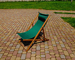 Розкладне дерев’яне крісло шезлонг з тканиною, для дачі, пляжу. Зелений, колір каркасу: Коричневий