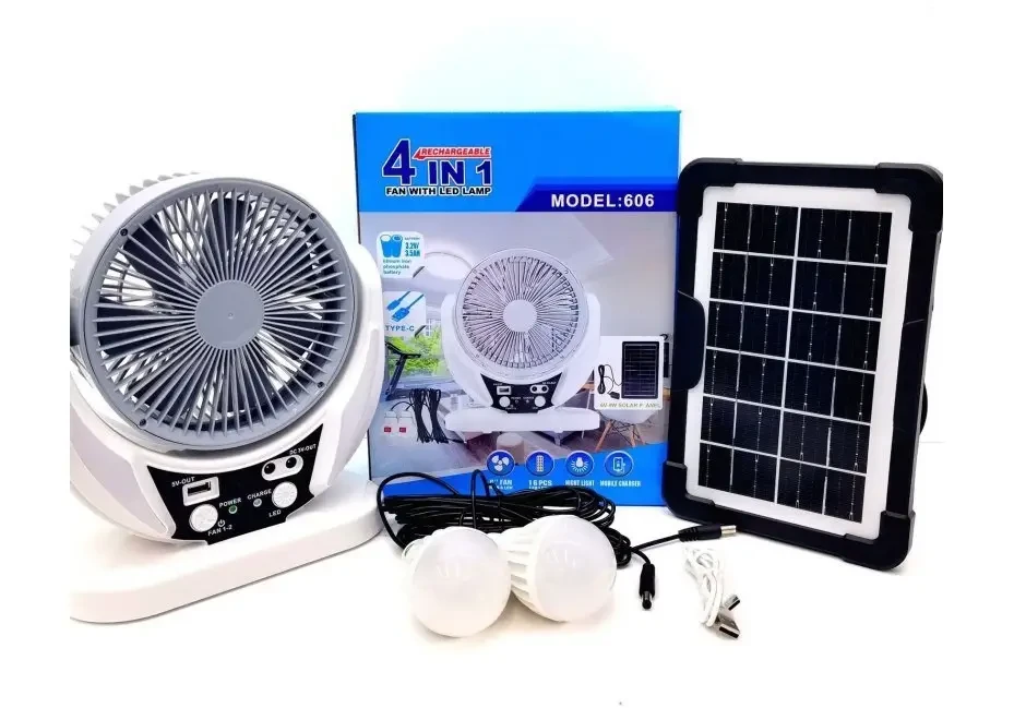 🤍Вентилятор портативний FAN-606 4в1 6", сонячна панель, 2 LED лампи, 2 швидкості, 6Вт, USB, 3.2V/4000 мАг, фото 1