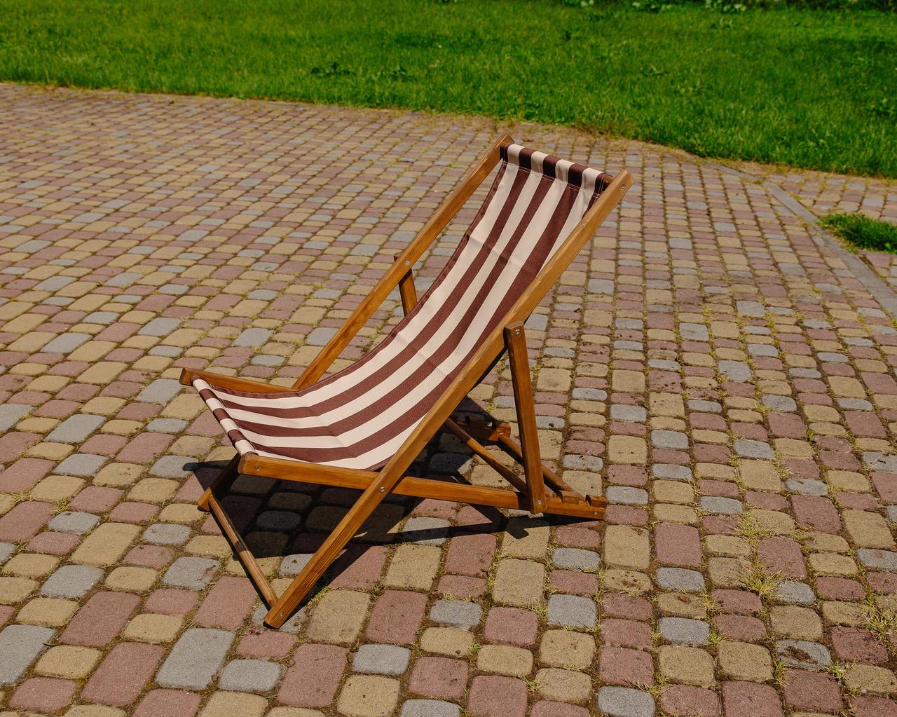 Розкладне дерев’яне крісло шезлонг з тканиною, для дачі, пляжу чи кафе. Кофейний, колір каркасу: Коричневий