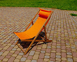 Розкладне дерев’яне крісло шезлонг з тканиною, для дачі, пляжу. Помаранчевий, колір каркасу: Коричневий