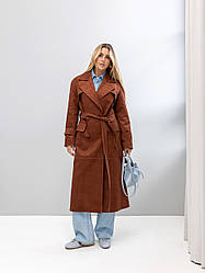 Тренч жіночий екозамш на ґудзиках із поясом бежевий 40-й розмір