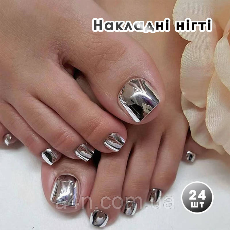 Накладні нігті 24 шт. однотонні, дзеркальні + клей, типси для пальців ніг, фото 1