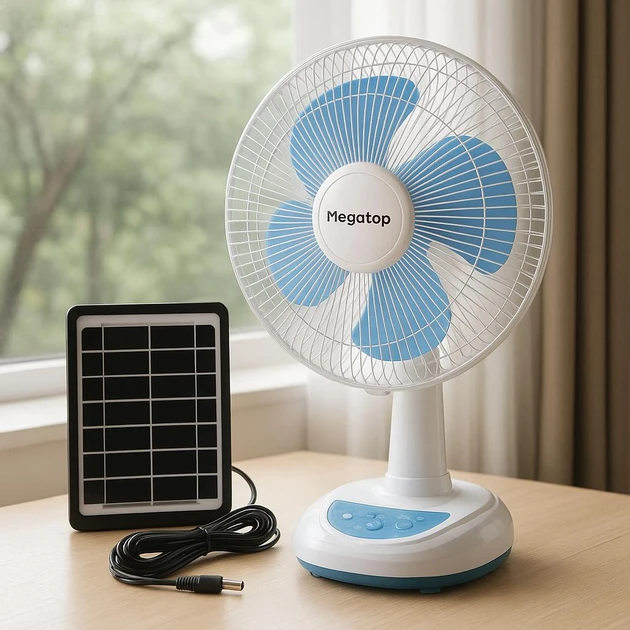 🤍Вентилятор портативний Megatop MG008 12", автооберт, сонячна панель, 2 LED лампи, 6Вт USB 3.2V/4500 мАч, фото 1