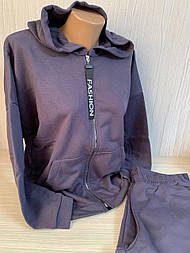 Спортивний трикотажний жіночий костюм двонитка петля з капюшоном і кишенями кенгуру