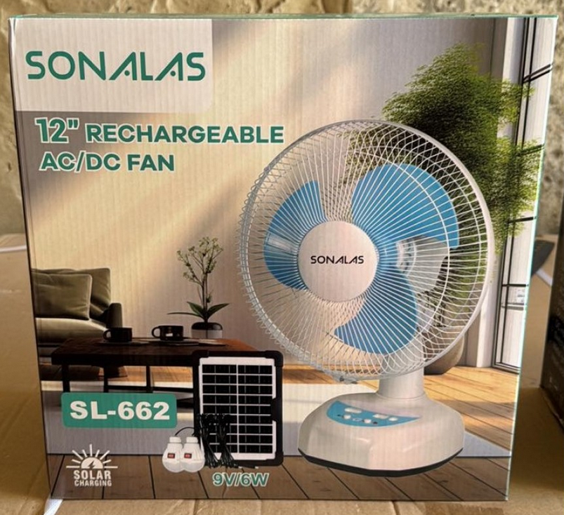 🤍Вентилятор портативний SONALAS SL662 12", автооберт, сонячна панель, 2 LED лампи, 6Вт USB 9V/4500 мАч, фото 1