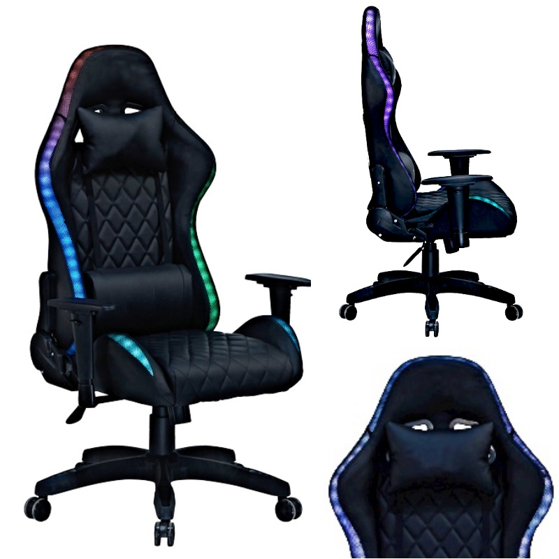 Геймерське комп'ютерне крісло з RGB-підсвічуванням, 2 ергономічними подушками та регулюванням кута нахилу спинки, Чорний (G400), фото 1