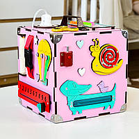 Бизикуб розовый 23х23х23 Бизиборд для детей девочки от 6 мес Игрушка для развития моторики ребенка деревянный